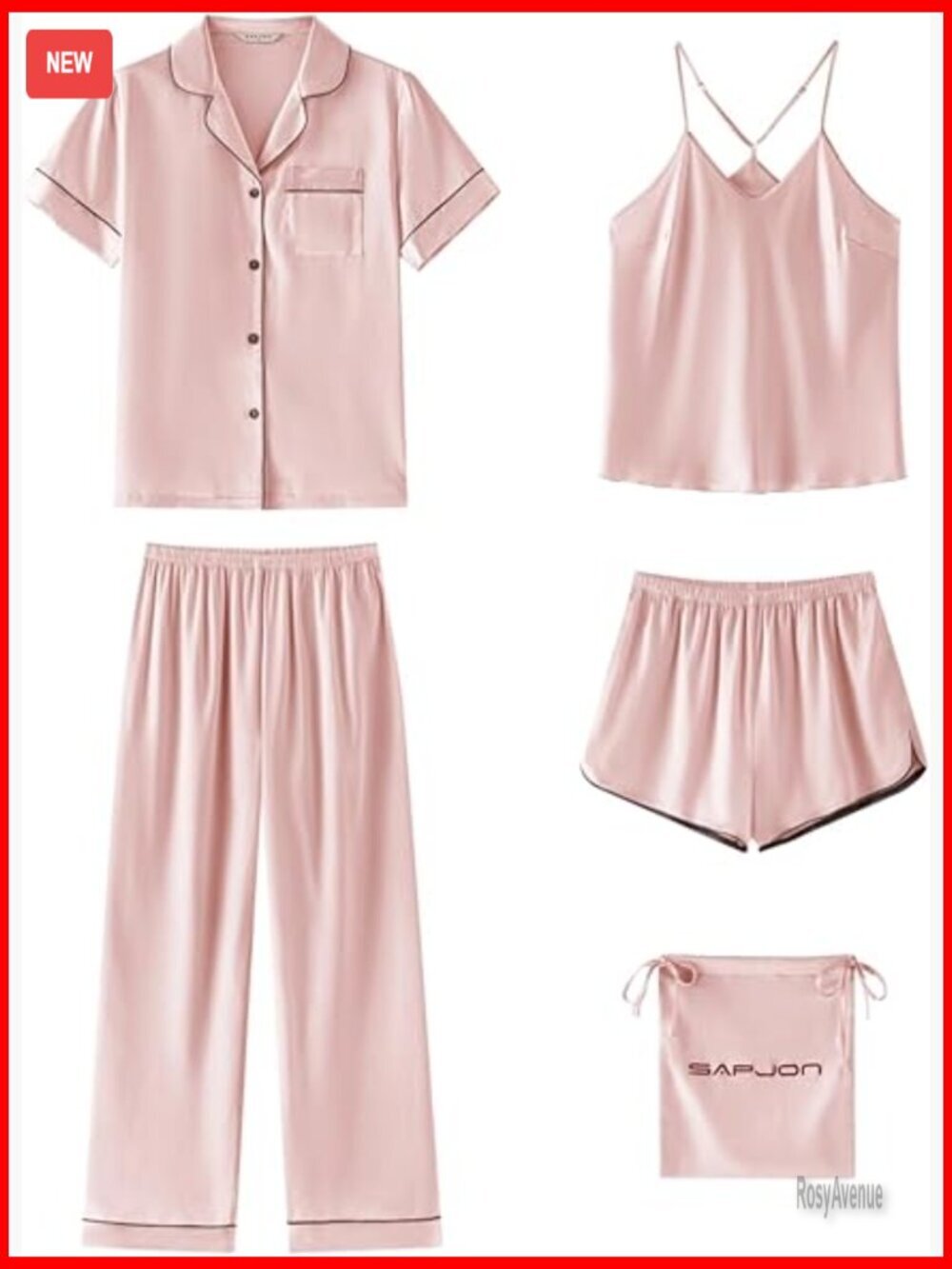 5-Piece Silk Satin Pajama Set - Short Sleeve Top & Shorts, Notch Collar,